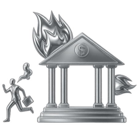 Ilustración de un banco en llamas y un ejecutivo huyendo con el traje hecho pedazos